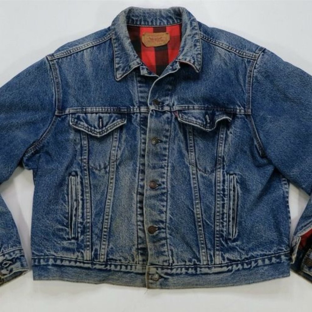 Vintage LEVI Men Blue Jean Red Flannel Streetwear Jacket Denim Trucker Coat